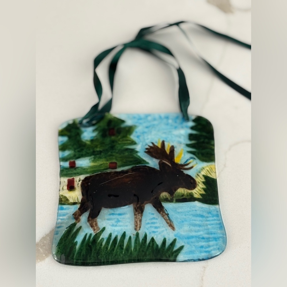 Moose Ornament with Ribbon Suncatcher 4” by 4”